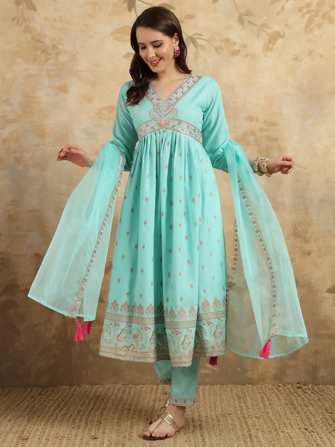 Sky Blue Rayon Slub Kurti Set with Foil Print and Embroidery – Elegant and Stylish