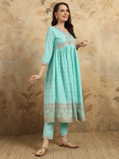 Sky Blue Rayon Slub Kurti Set with Foil Print and Embroidery – Elegant and Stylish