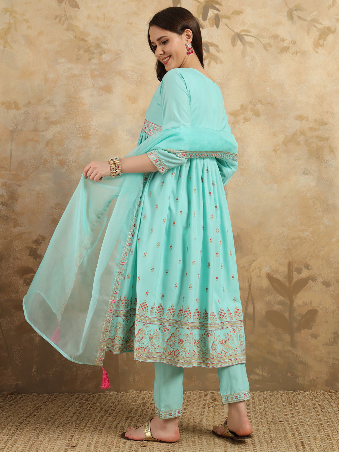 Sky Blue Rayon Slub Kurti Set with Foil Print and Embroidery – Elegant and Stylish