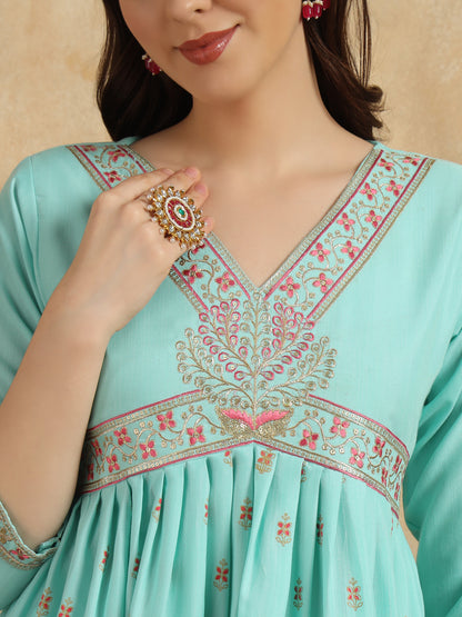 Sky Blue Rayon Slub Kurti Set with Foil Print and Embroidery – Elegant and Stylish