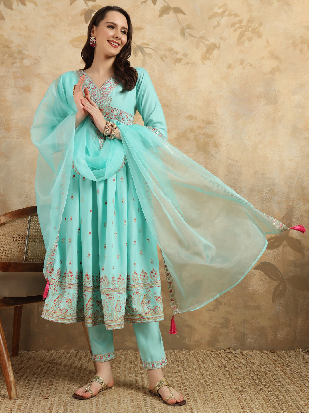 Sky Blue Rayon Slub Kurti Set with Foil Print and Embroidery – Elegant and Stylish