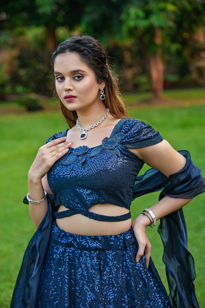 Dark Navy Blue Cinderella Sequence Full Stitched Georgette Lehenga Choli.