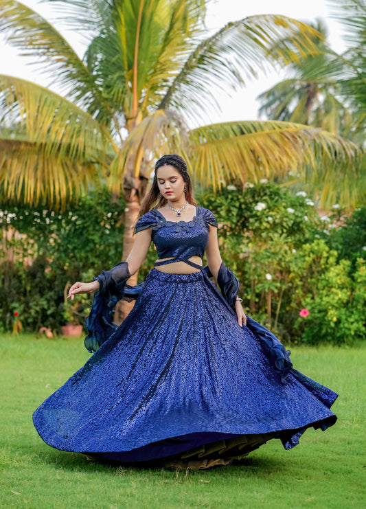 Dark Navy Blue Cinderella Sequence Full Stitched Georgette Lehenga Choli.