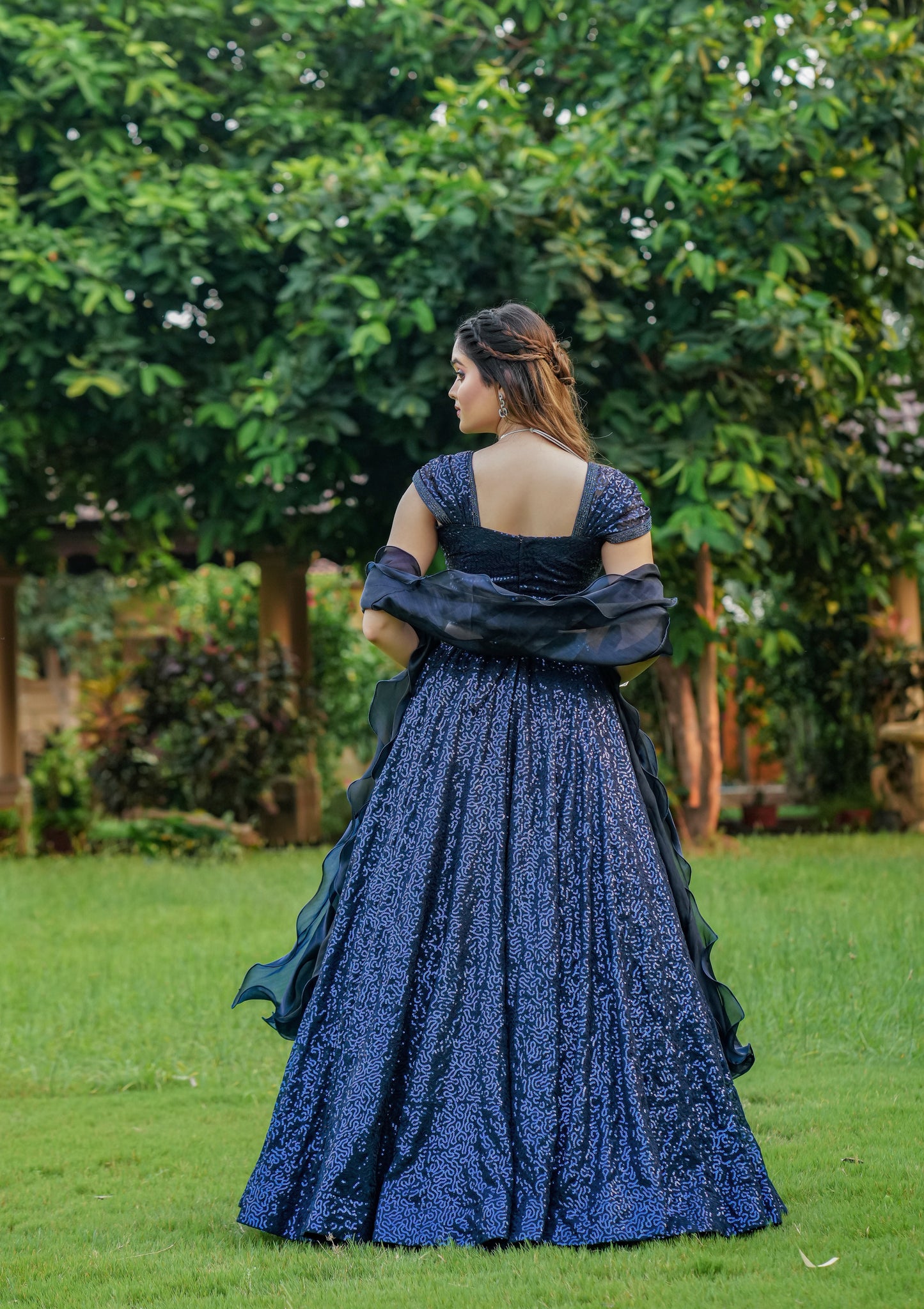 Dark Navy Blue Cinderella Sequence Full Stitched Georgette Lehenga Choli.