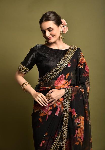 Floral Symphony Saree adorned with Embroidered Cut Work Lace