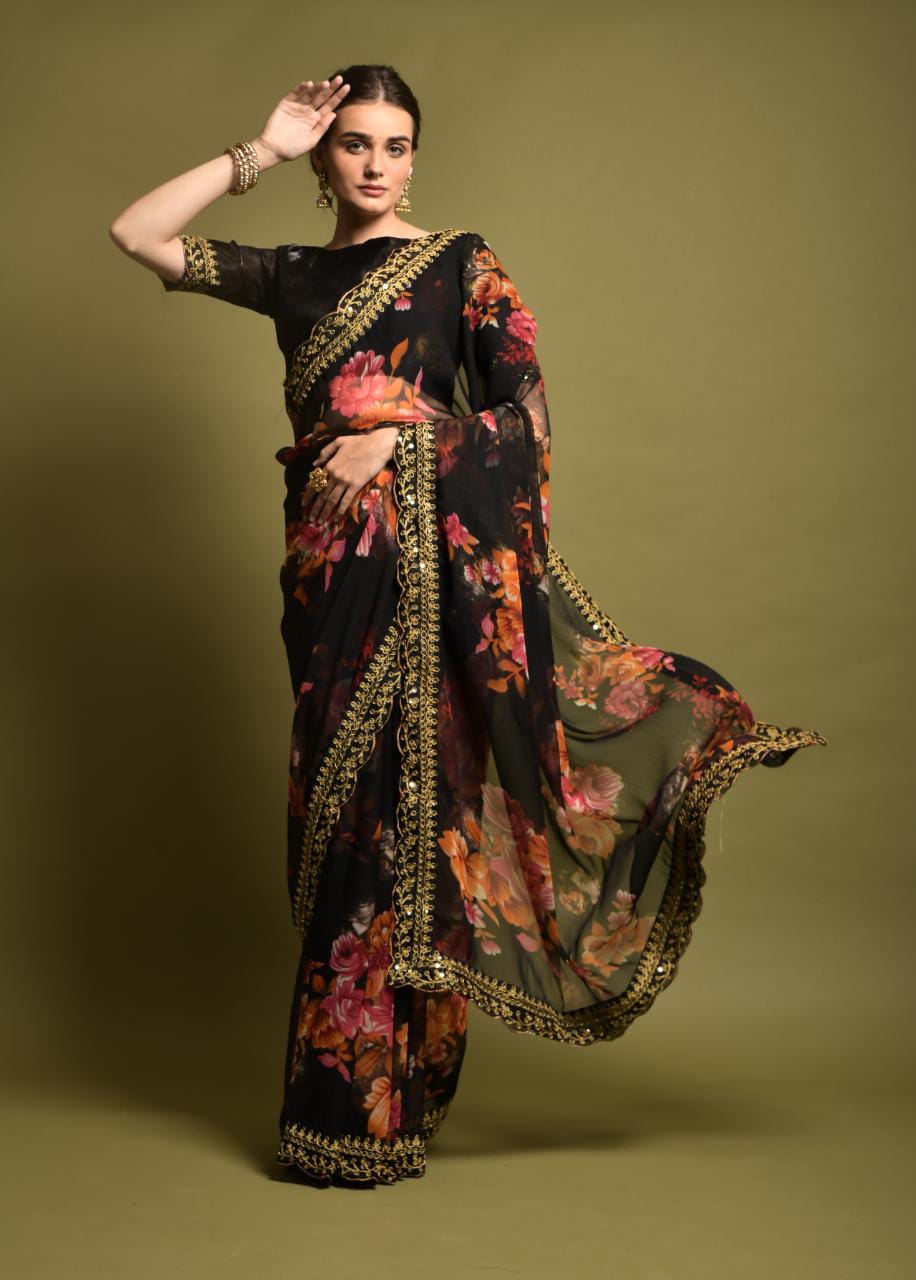 Floral Symphony Saree adorned with Embroidered Cut Work Lace