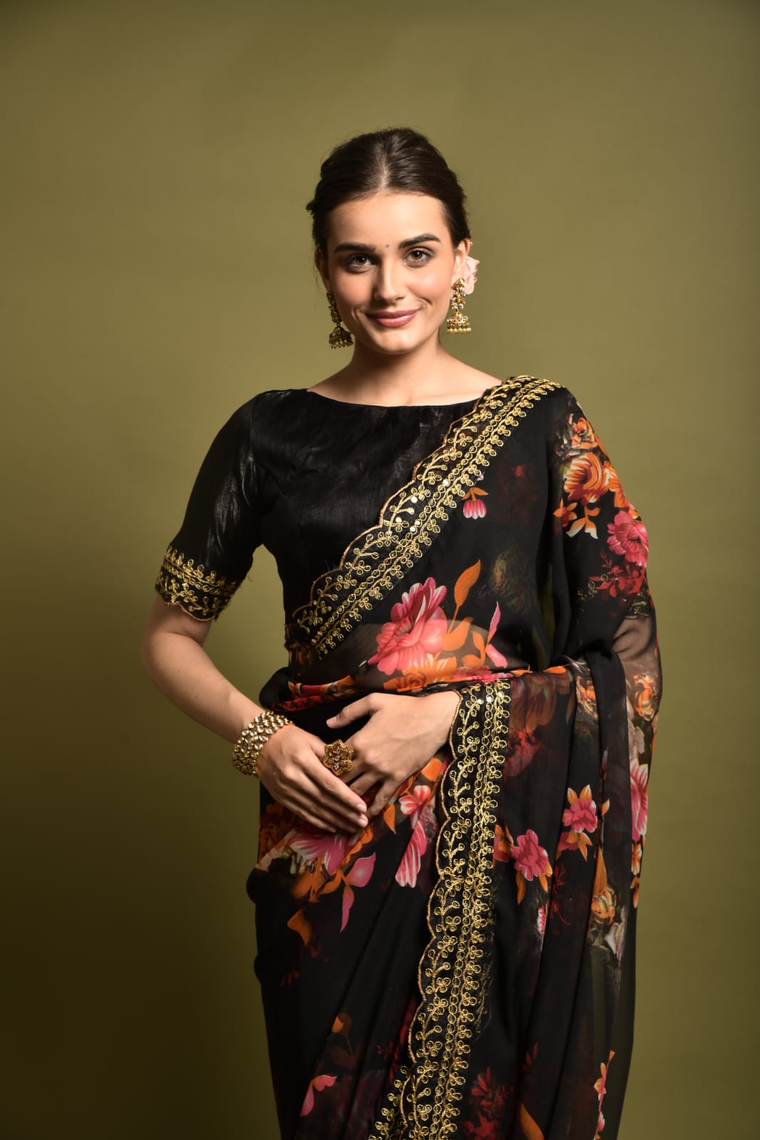 Floral Symphony Saree adorned with Embroidered Cut Work Lace