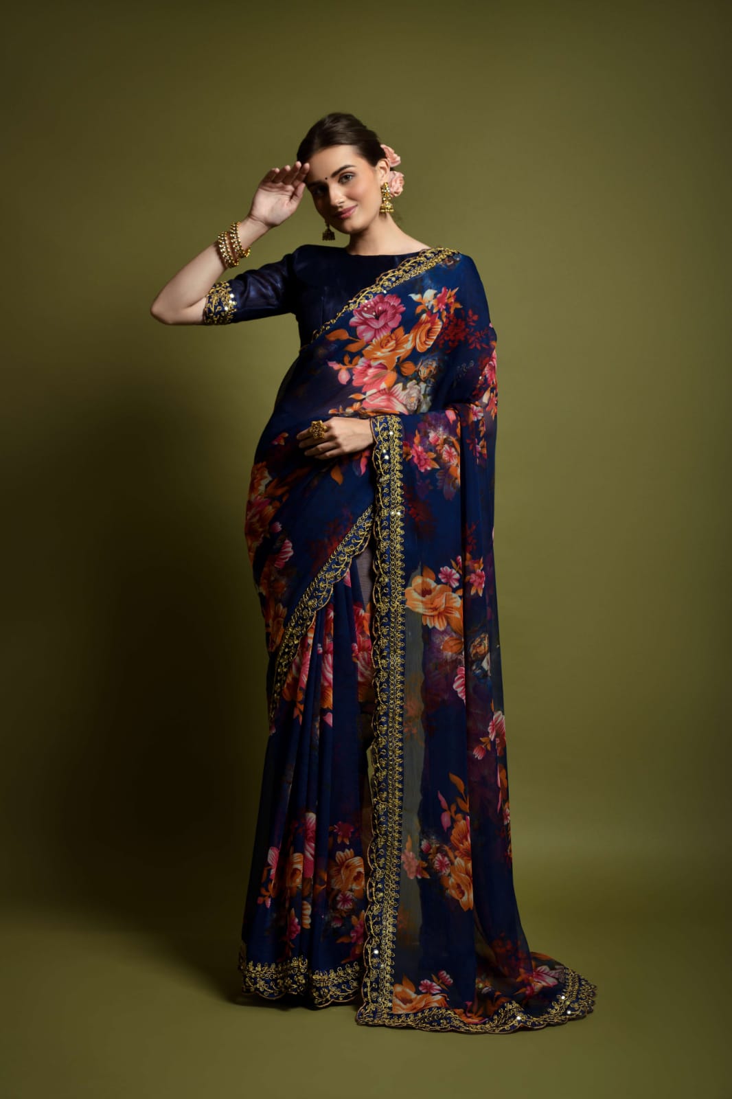 Floral Symphony Saree adorned with Embroidered Cut Work Lace