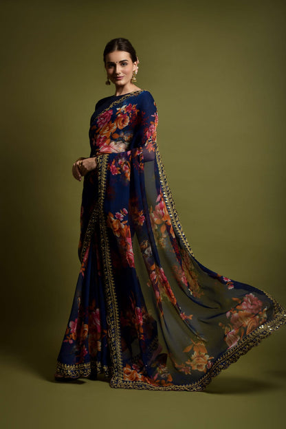 Floral Symphony Saree adorned with Embroidered Cut Work Lace