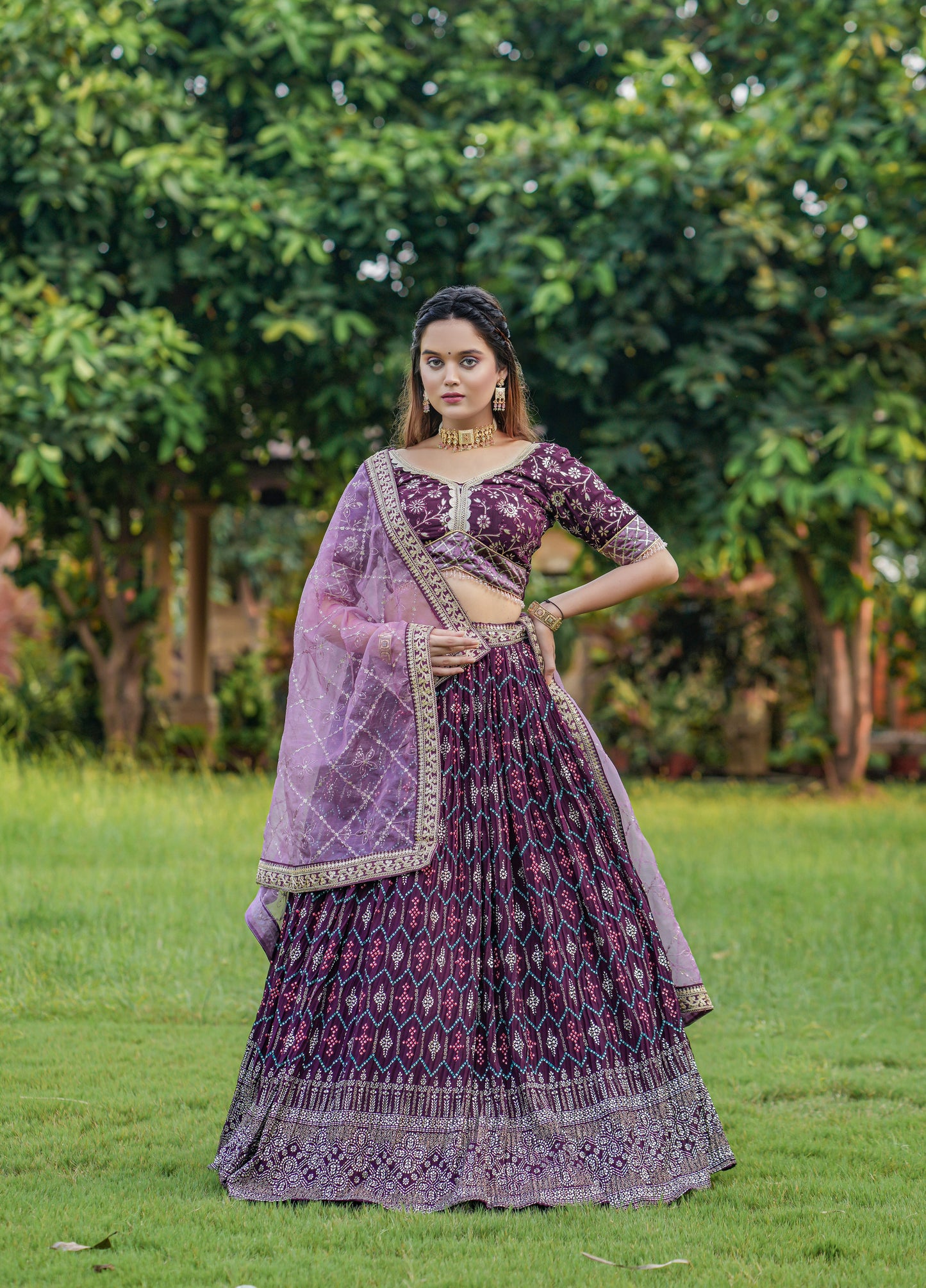 WINE HEAVY BRIDAL LEHENGA CHOLI WITH DUPATTA AND BLOUSE