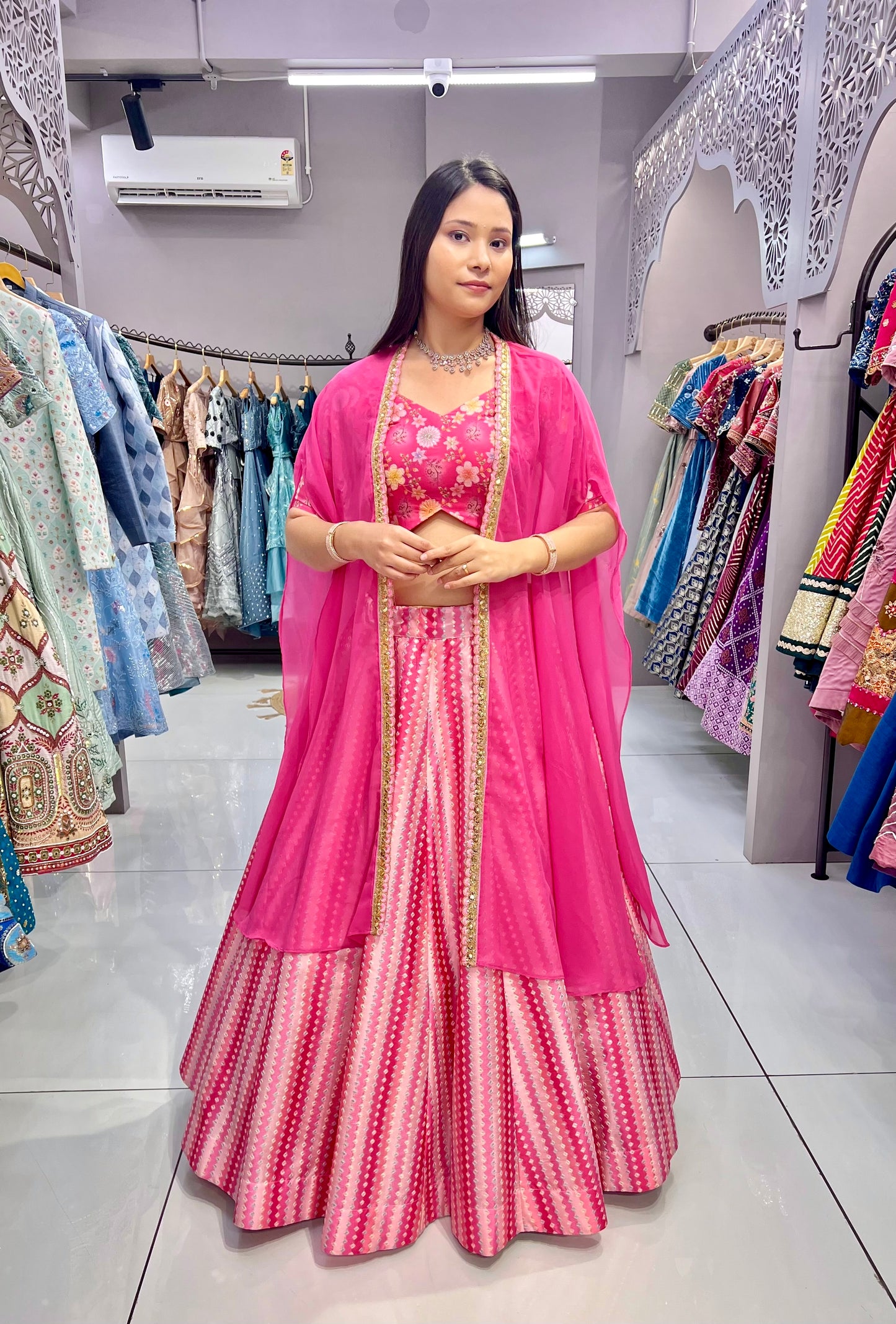 Stylish Pink Slub Silk Lehenga Choli with Embroidery and Digital Print.