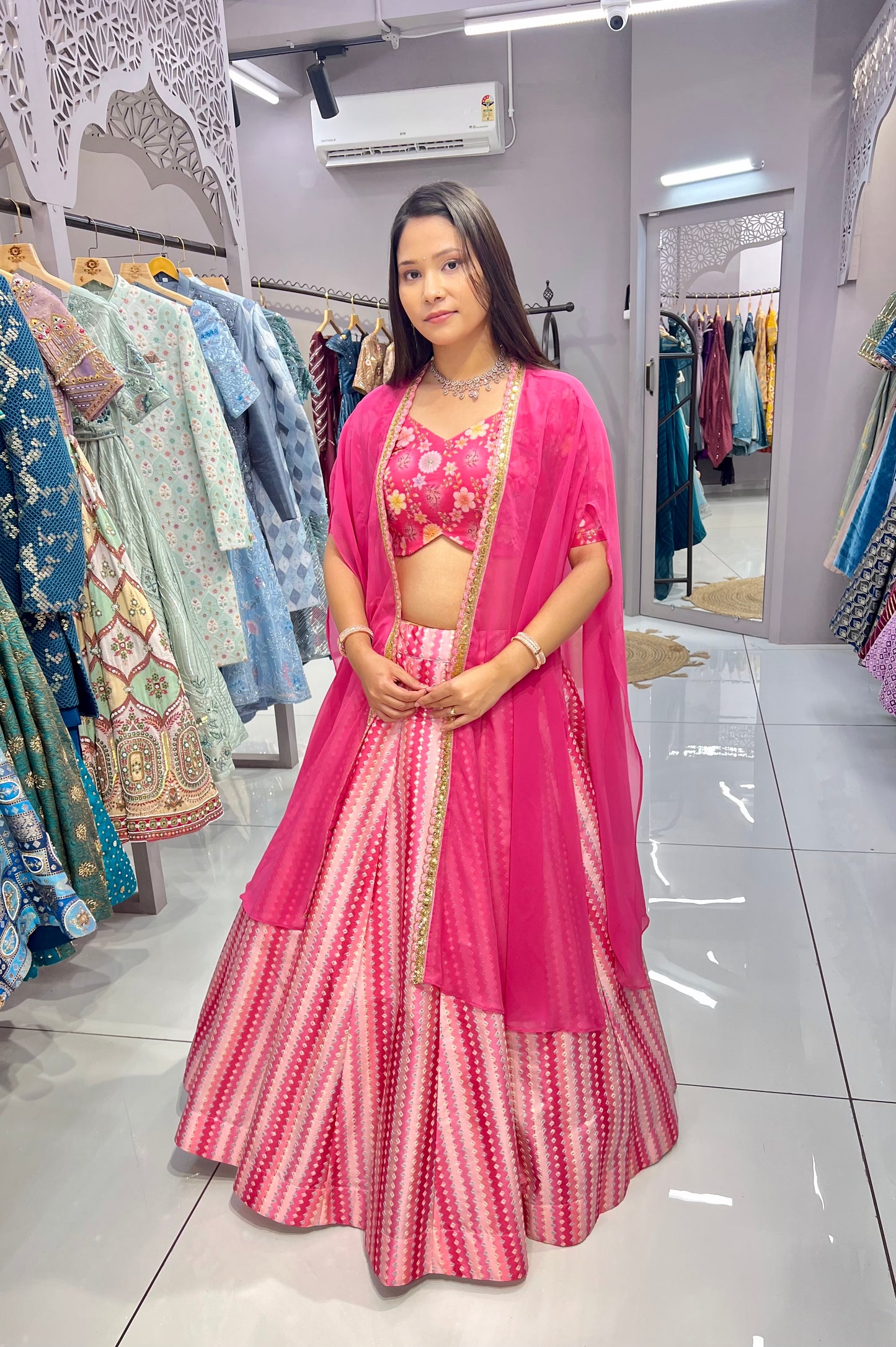 Stylish Pink Slub Silk Lehenga Choli with Embroidery and Digital Print.