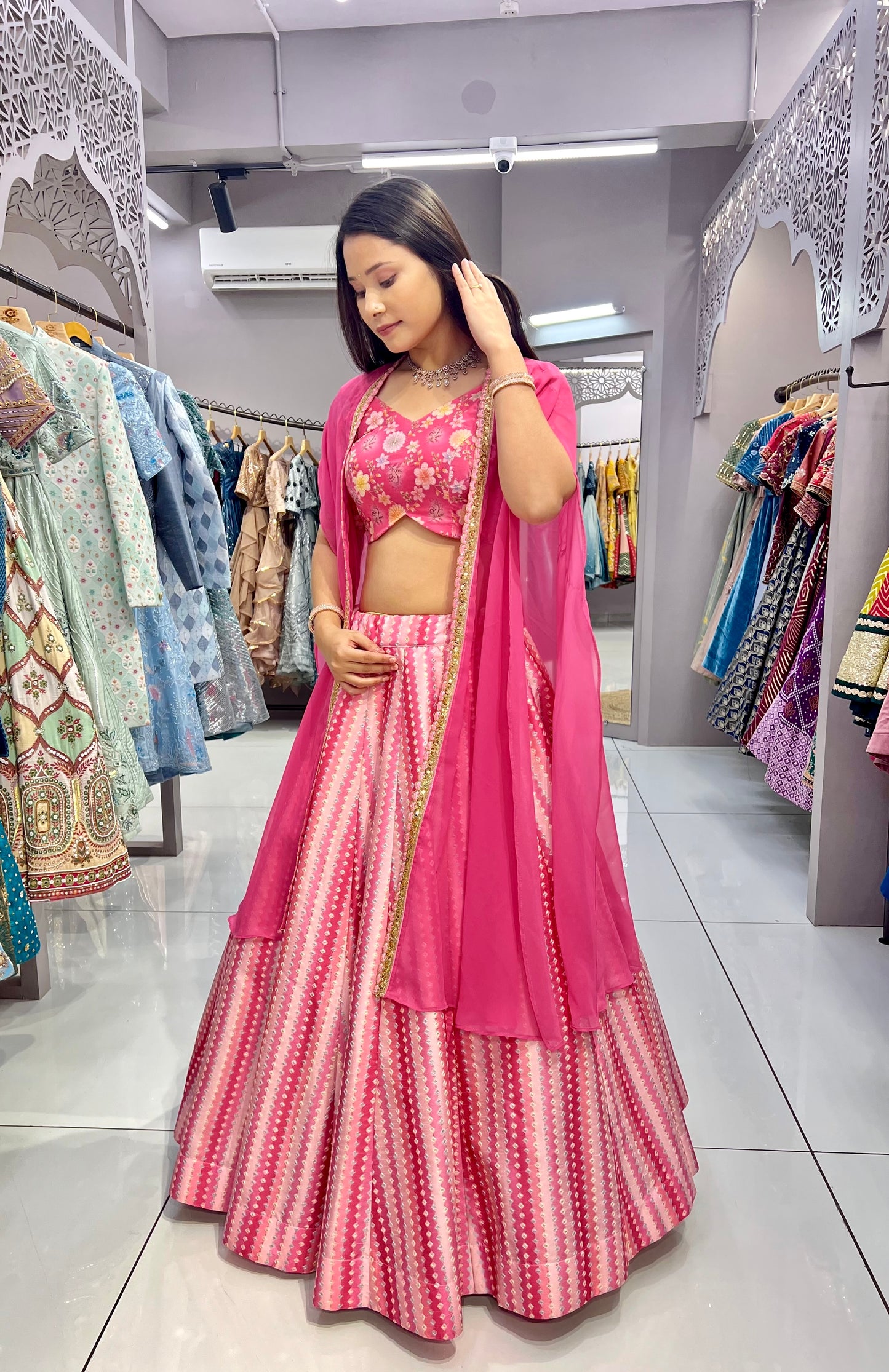 Stylish Pink Slub Silk Lehenga Choli with Embroidery and Digital Print.