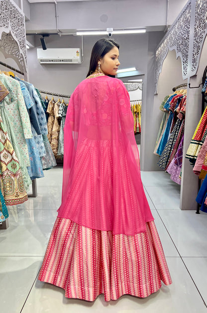 Stylish Pink Slub Silk Lehenga Choli with Embroidery and Digital Print.