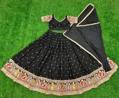 Stunning Black Roman Silk Damaniya Lehenga Choli.