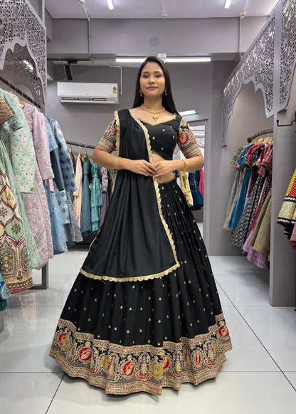 Stunning Black Roman Silk Damaniya Lehenga Choli.