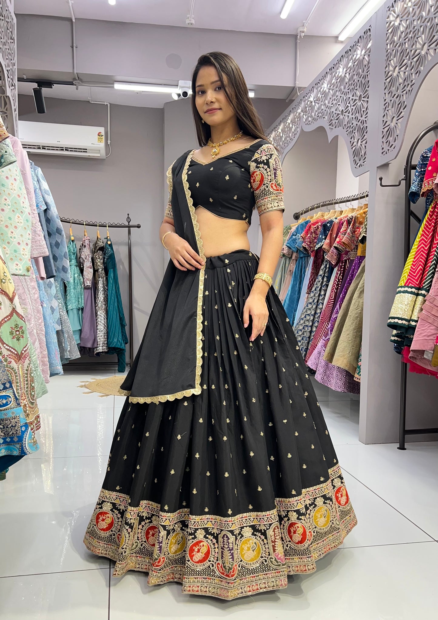 Stunning Black Roman Silk Damaniya Lehenga Choli.