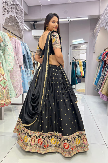 Stunning Black Roman Silk Damaniya Lehenga Choli.