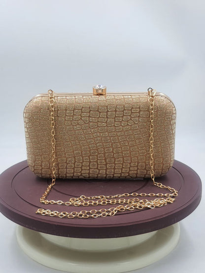 Trending Diamond with 3D Framed Clutch Golden Chrome Frame Purse