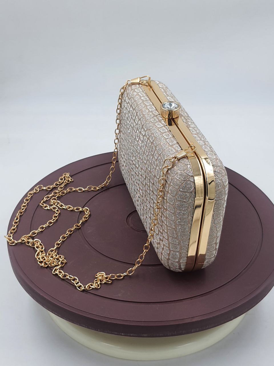 Trending Diamond with 3D Framed Clutch Golden Chrome Frame Purse