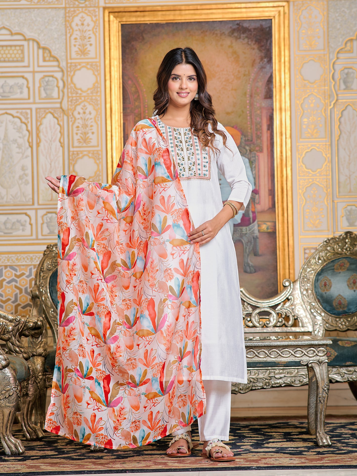 White Elegant Viscos Tebby silk Kurti Set