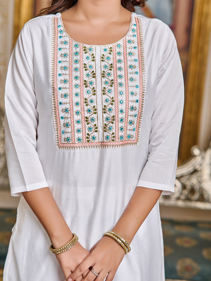 White Elegant Viscos Tebby silk Kurti Set