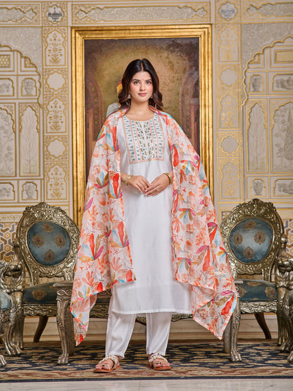 White Elegant Viscos Tebby silk Kurti Set