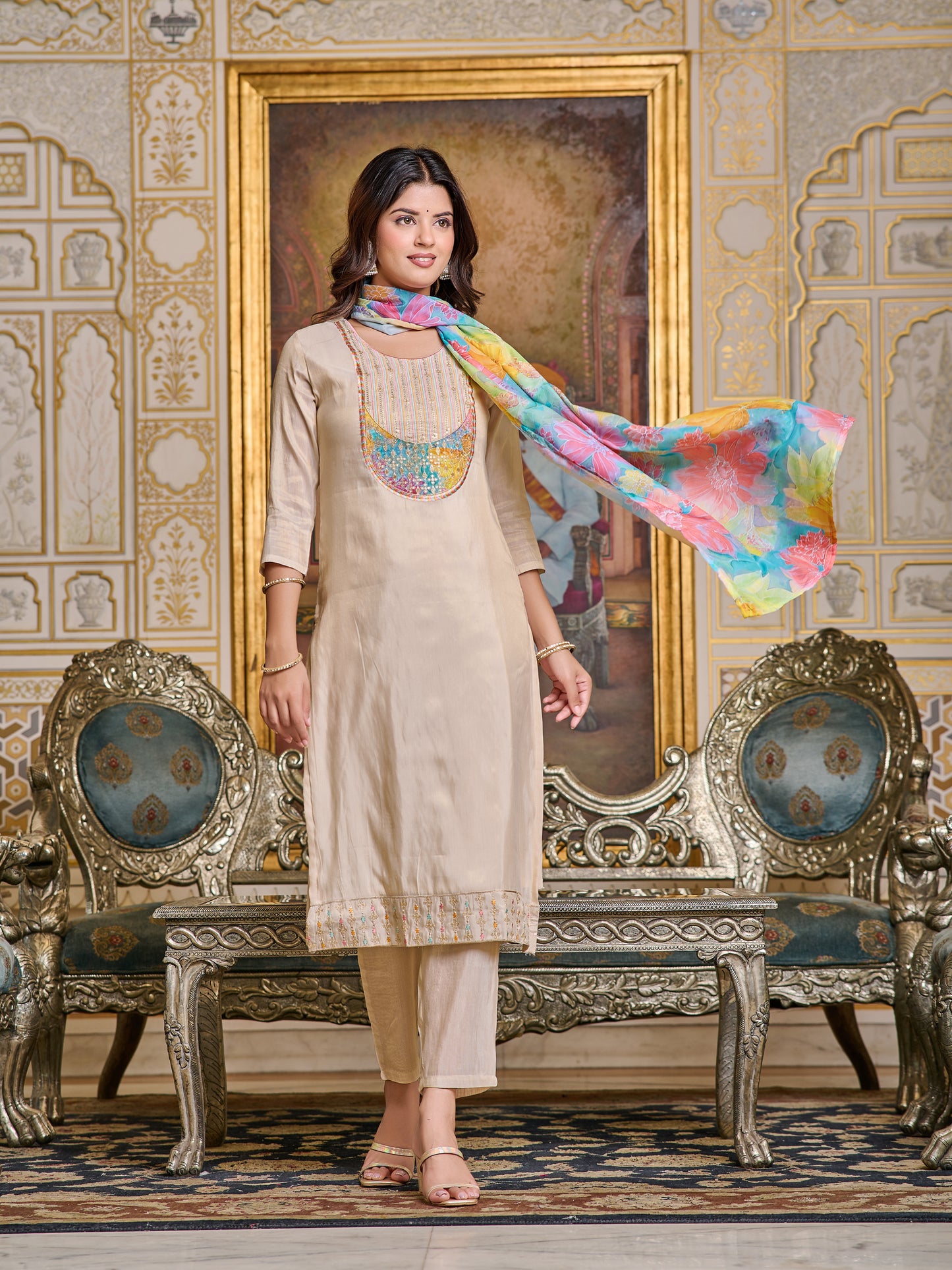 Vibrant Vogue Embroidered Kurti With Pand And Dupatta Set