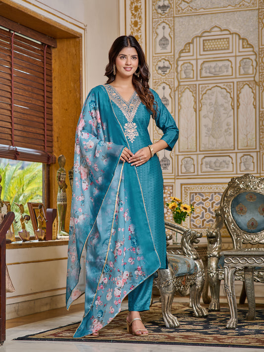 Floral Fusion Viscose Embroidered Kurti with pant and dupatta set