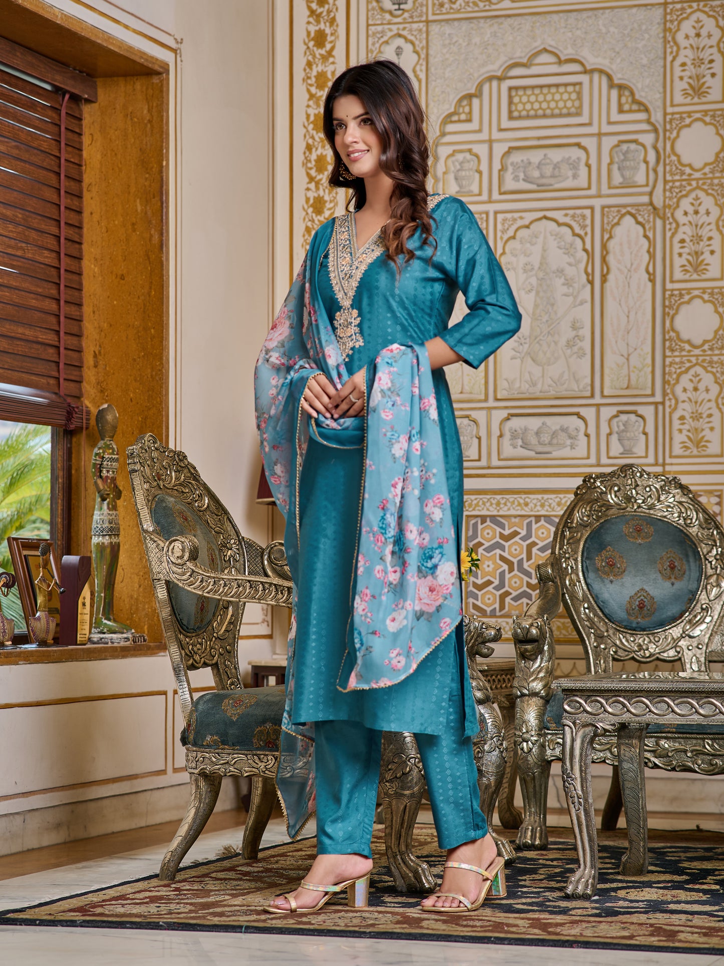 Floral Fusion Viscose Embroidered Kurti with pant and dupatta set