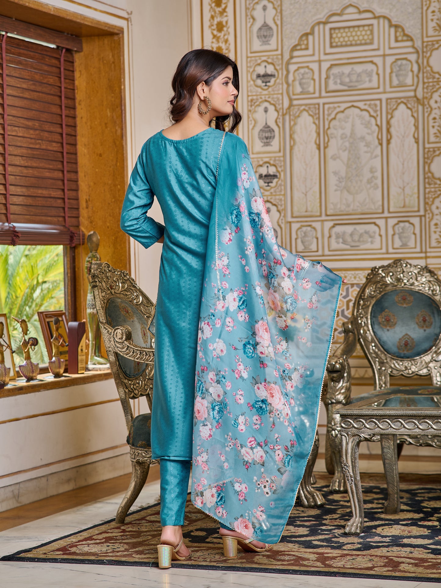 Floral Fusion Viscose Embroidered Kurti with pant and dupatta set