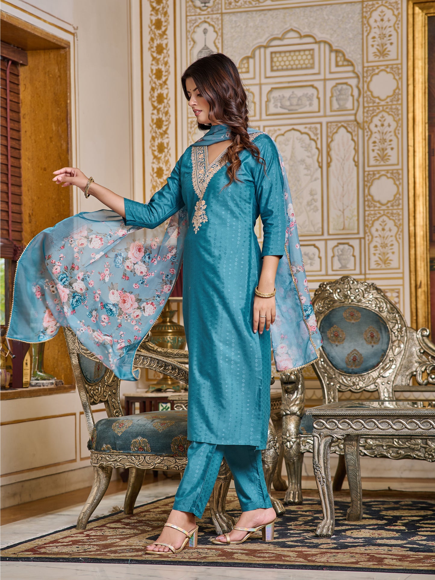 Floral Fusion Viscose Embroidered Kurti with pant and dupatta set