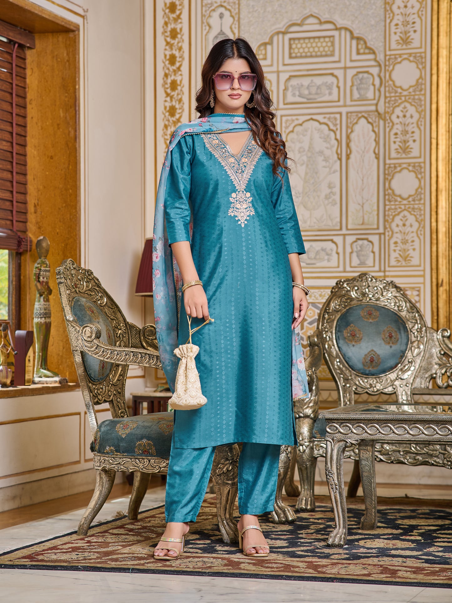 Floral Fusion Viscose Embroidered Kurti with pant and dupatta set