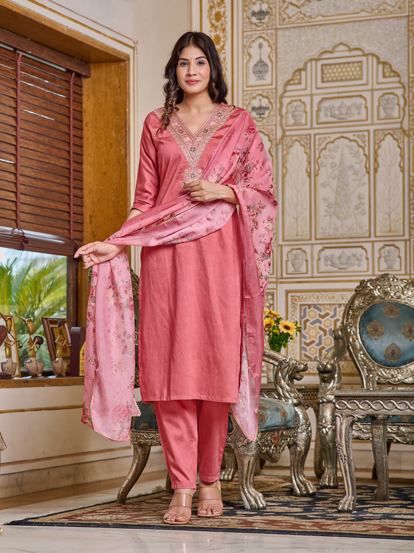 Pink Serenity Chanderi Embroidered kurti with pant and dupatta set