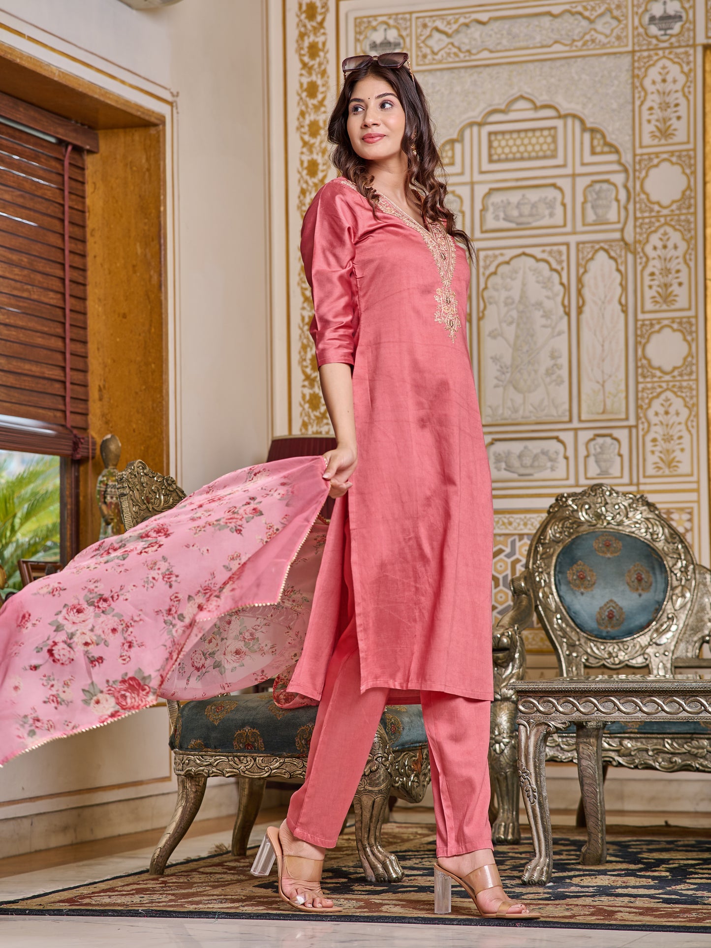 Pink Serenity Chanderi Embroidered kurti with pant and dupatta set