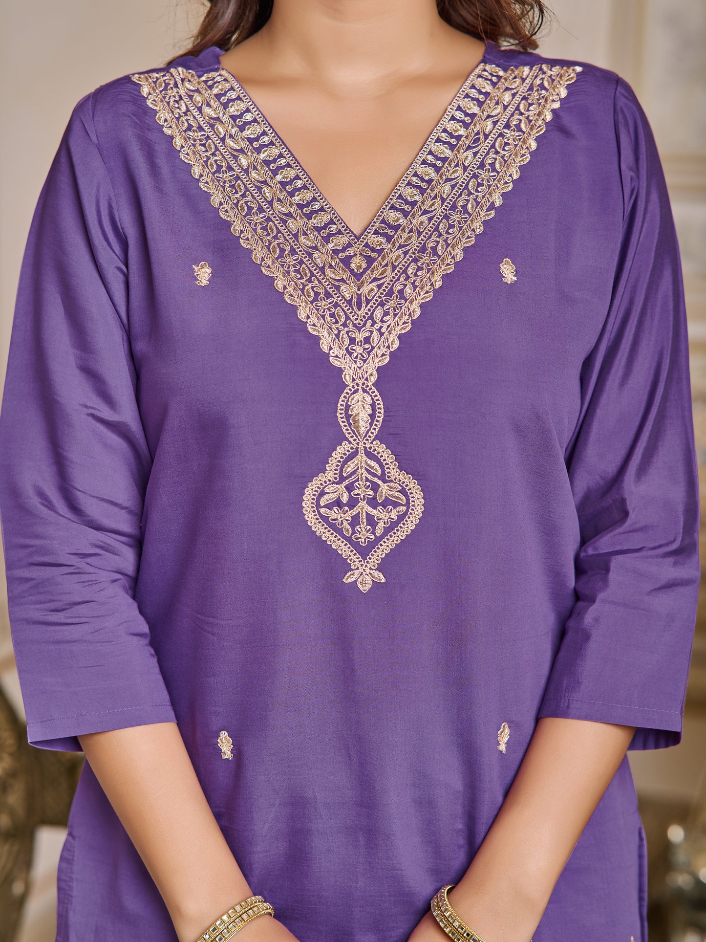 Lavander Luxe Embroidered kurti with pant and dupatta set