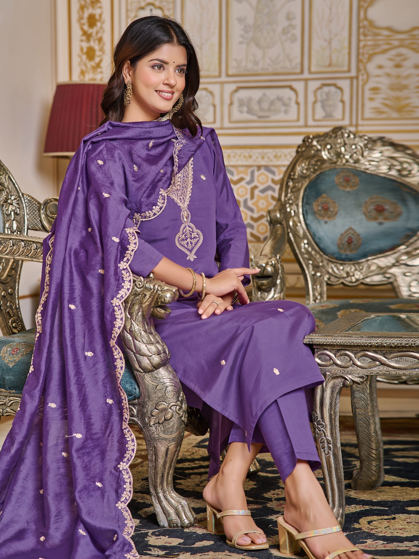 Lavander Luxe Embroidered kurti with pant and dupatta set