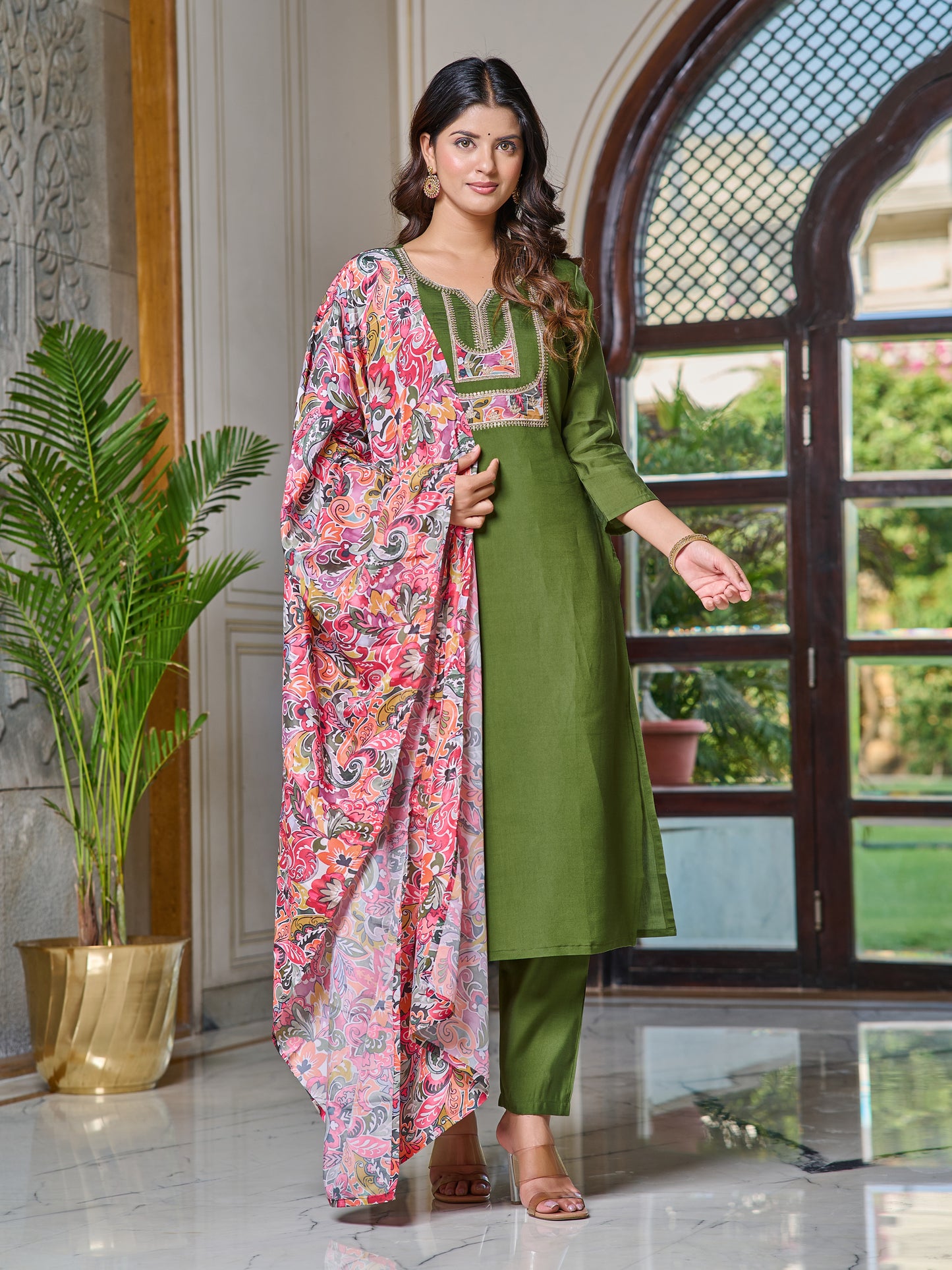 Emerald Charm Embroidered Kurti with Dupatta Set