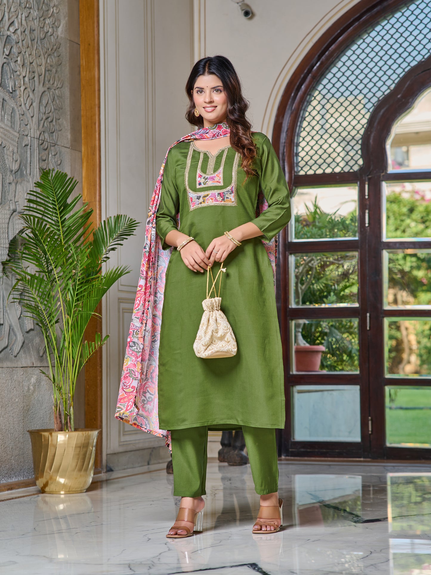 Emerald Charm Embroidered Kurti with Dupatta Set