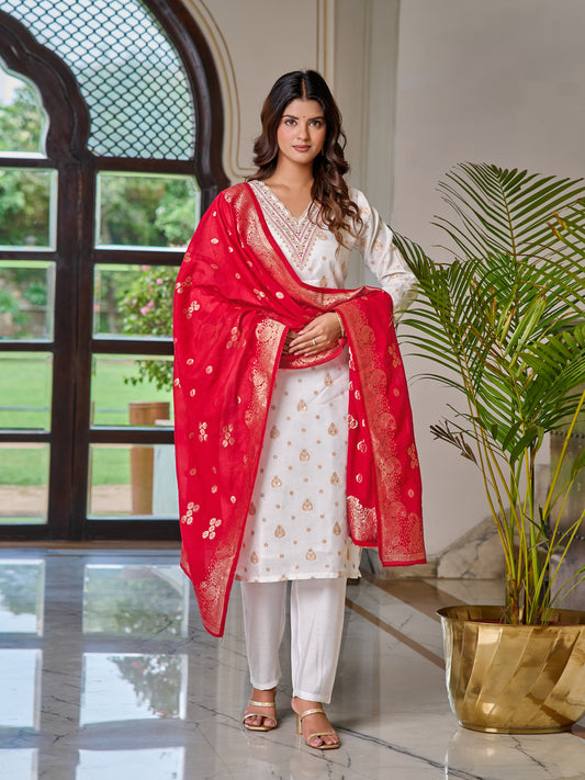 White Ivory Elegance Embroidered Kurti with Red Dupatta Set