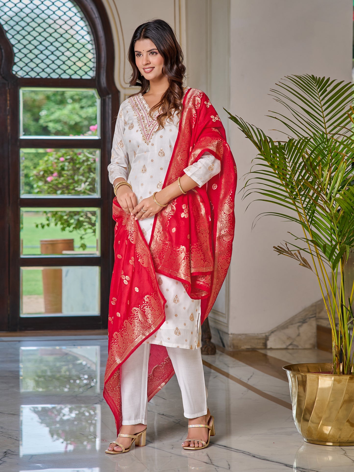 White Ivory Elegance Embroidered Kurti with Red Dupatta Set