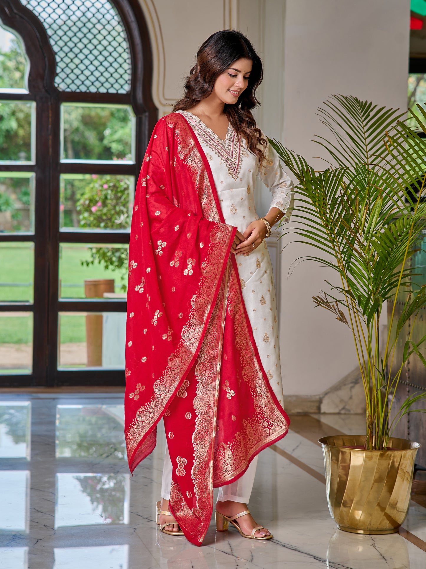 White Ivory Elegance Embroidered Kurti with Red Dupatta Set