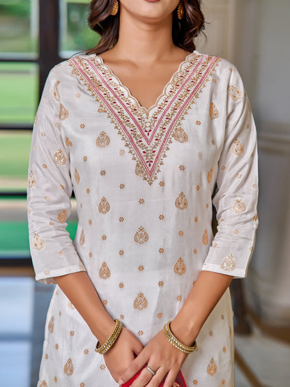 White Ivory Elegance Embroidered Kurti with Red Dupatta Set