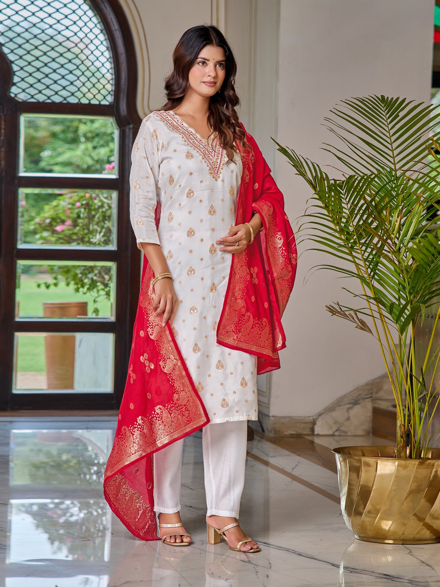 White Ivory Elegance Embroidered Kurti with Red Dupatta Set