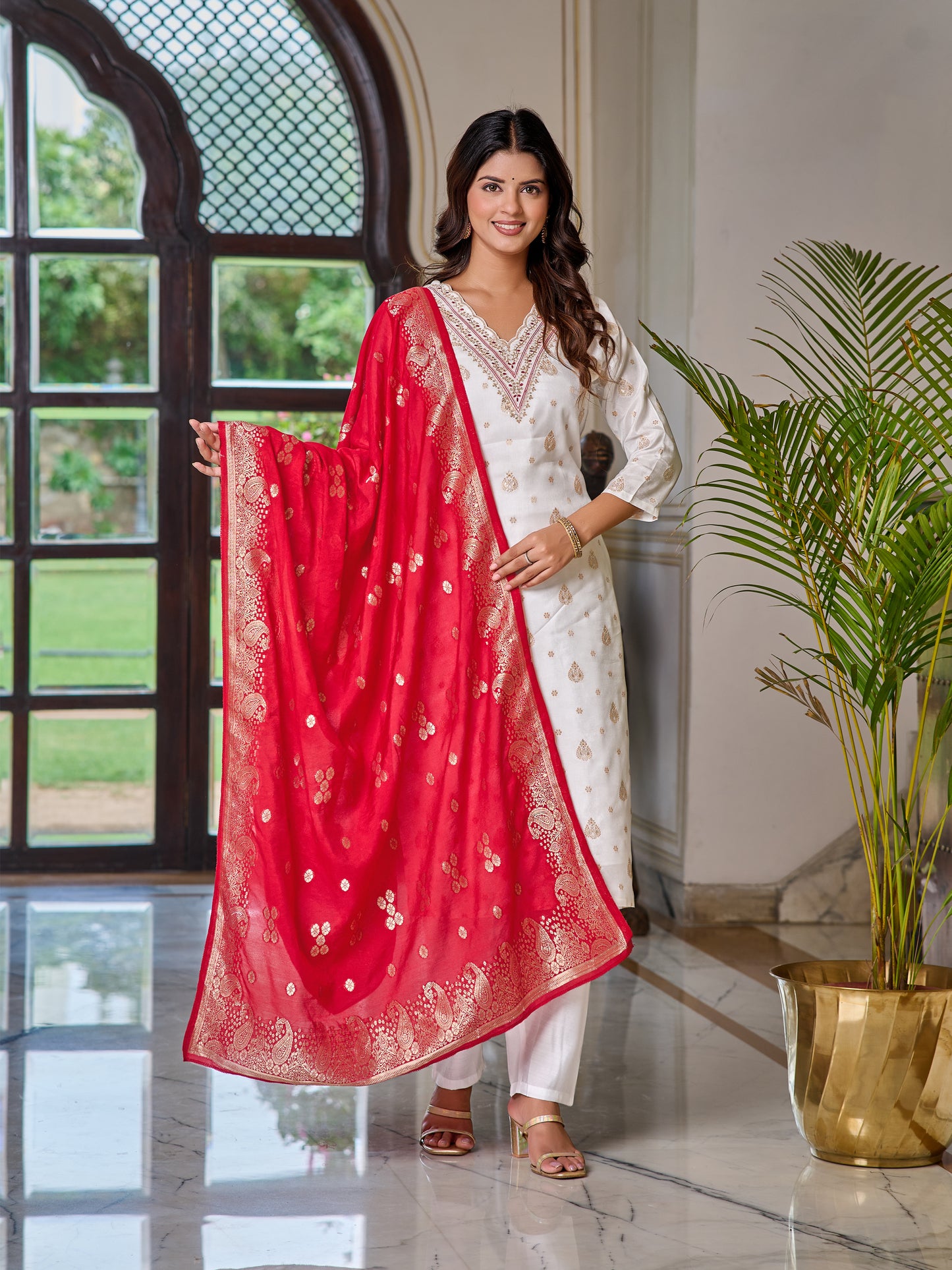 White Ivory Elegance Embroidered Kurti with Red Dupatta Set