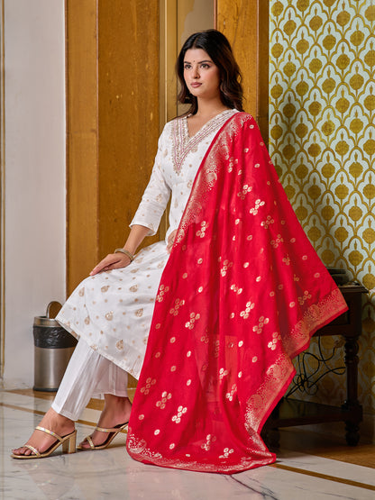 White Ivory Elegance Embroidered Kurti with Red Dupatta Set