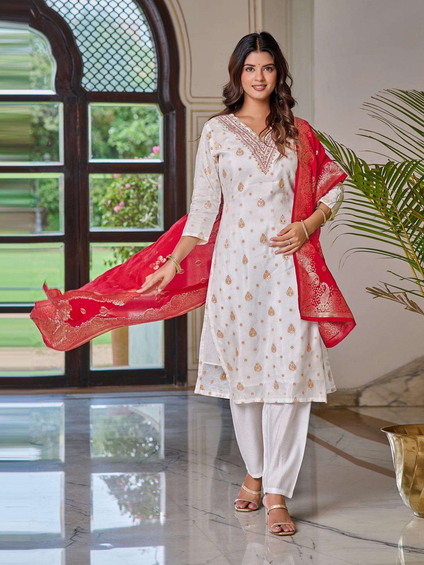 White Ivory Elegance Embroidered Kurti with Red Dupatta Set