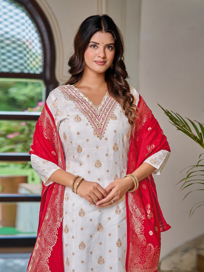 White Ivory Elegance Embroidered Kurti with Red Dupatta Set