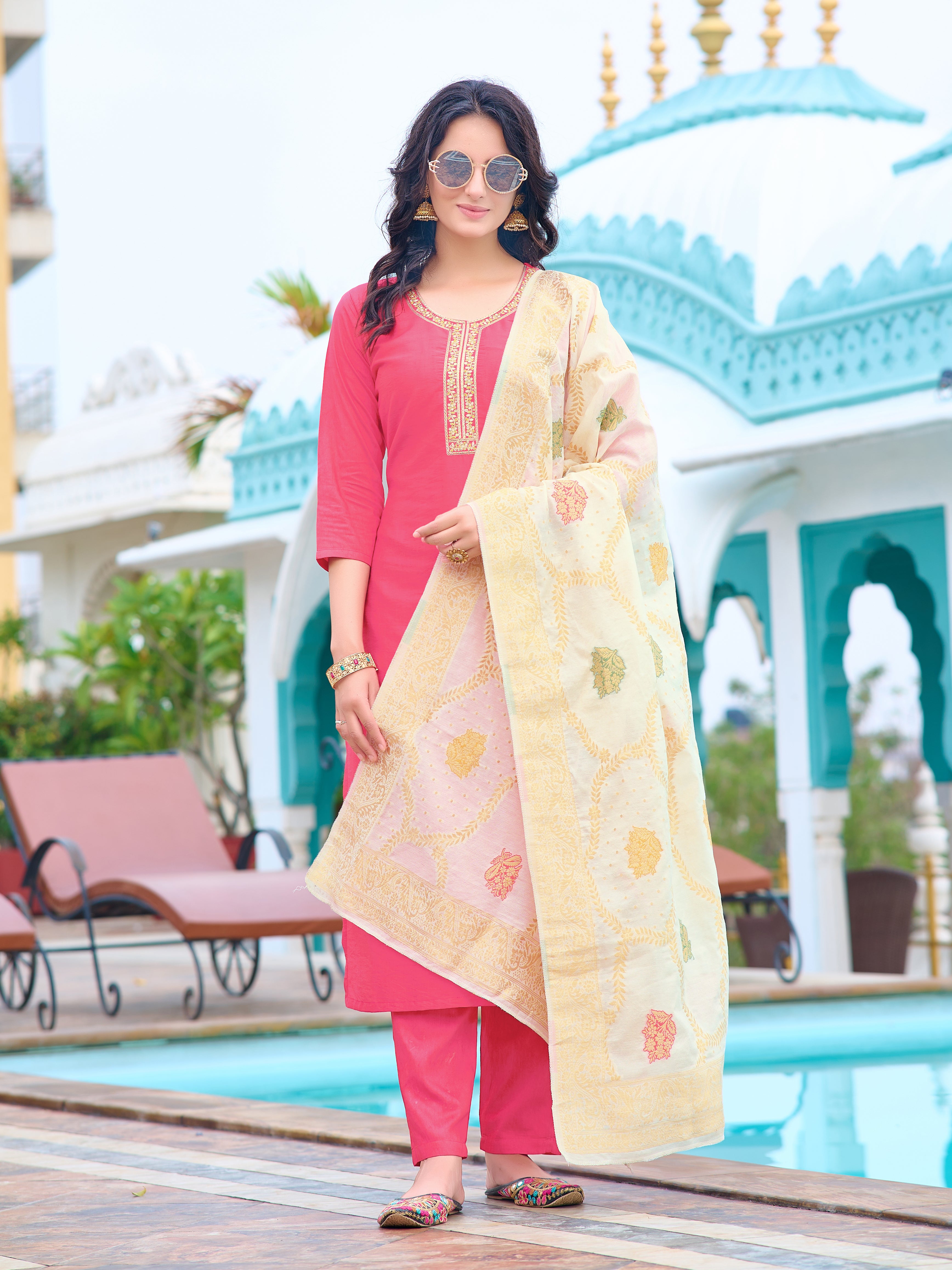 Blush Peach Embroidered Kurti with Cream Dupatta Set