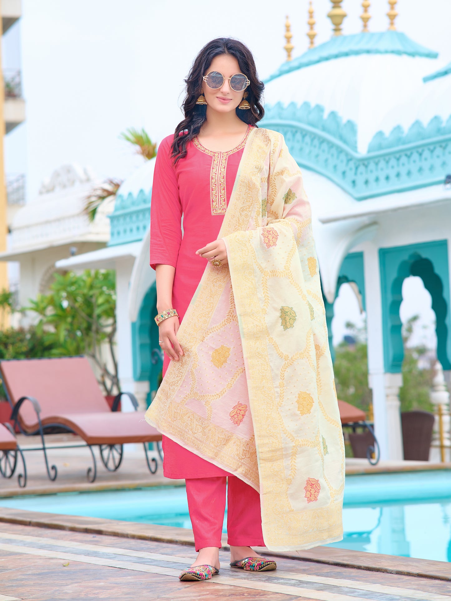 Blush Peach Embroidered Kurti with Cream Dupatta Set